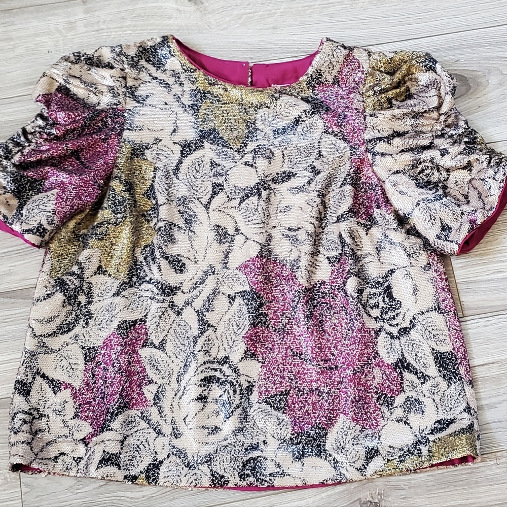 Anthropologie MARIE Elegant Intricate Floral Sequin Top, Cream/Pink/Gold Sz 4